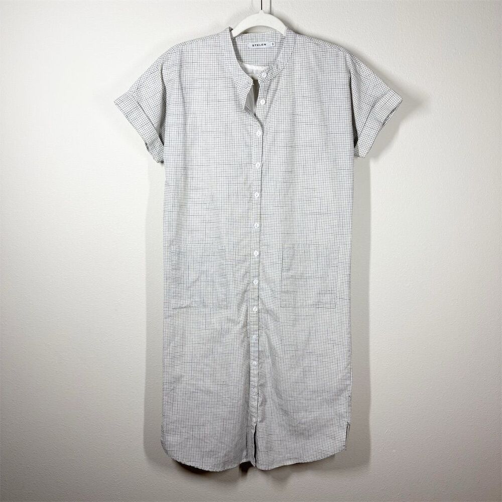 Stelen Midi Windowpane Check Shirtdress Size XS White Cotton‎ Blend Short Sleeve